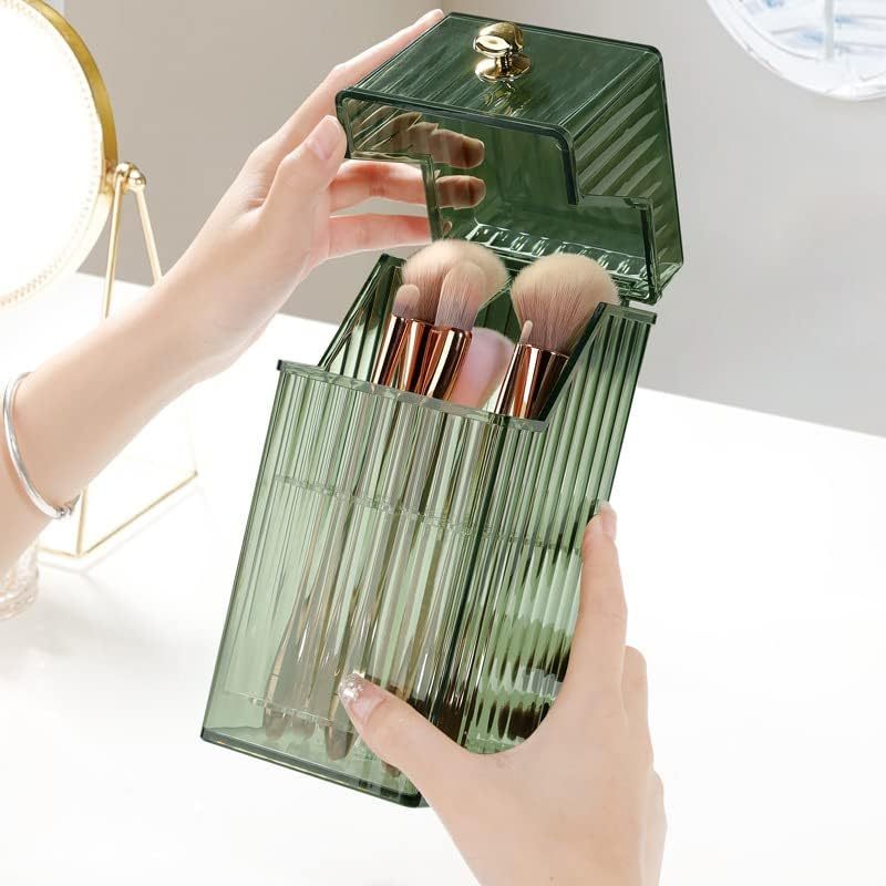 Makeup Brush Holder Organizer With Lid, Cosmetic Organiser, Desktop Cosmetic Brush Storage Rack, Dustproof Cosmetic Organiser Storage Box 3 Colors - Organizer
