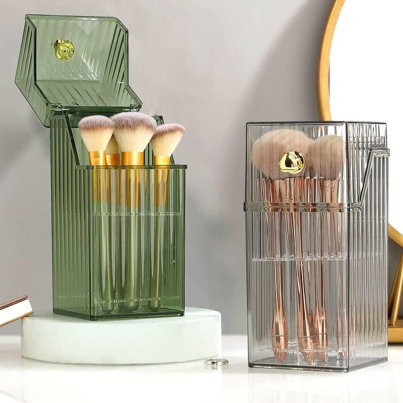 Makeup Brush Holder Organizer With Lid, Cosmetic Organiser, Desktop Cosmetic Brush Storage Rack, Dustproof Cosmetic Organiser Storage Box 3 Colors - Organizer